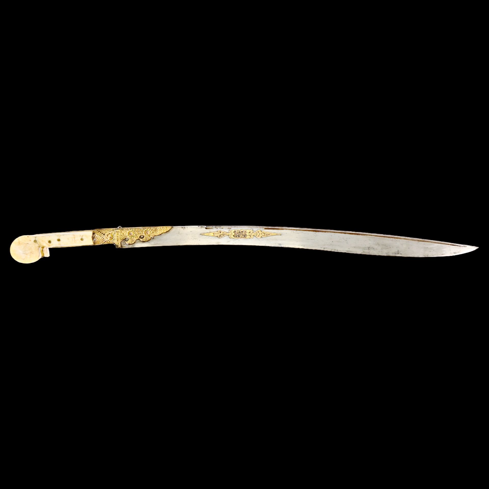 Magnificent Ottoman yatagan sword with bone hilt and gold kofgari on the blade, 1823. - Image 25 of 32