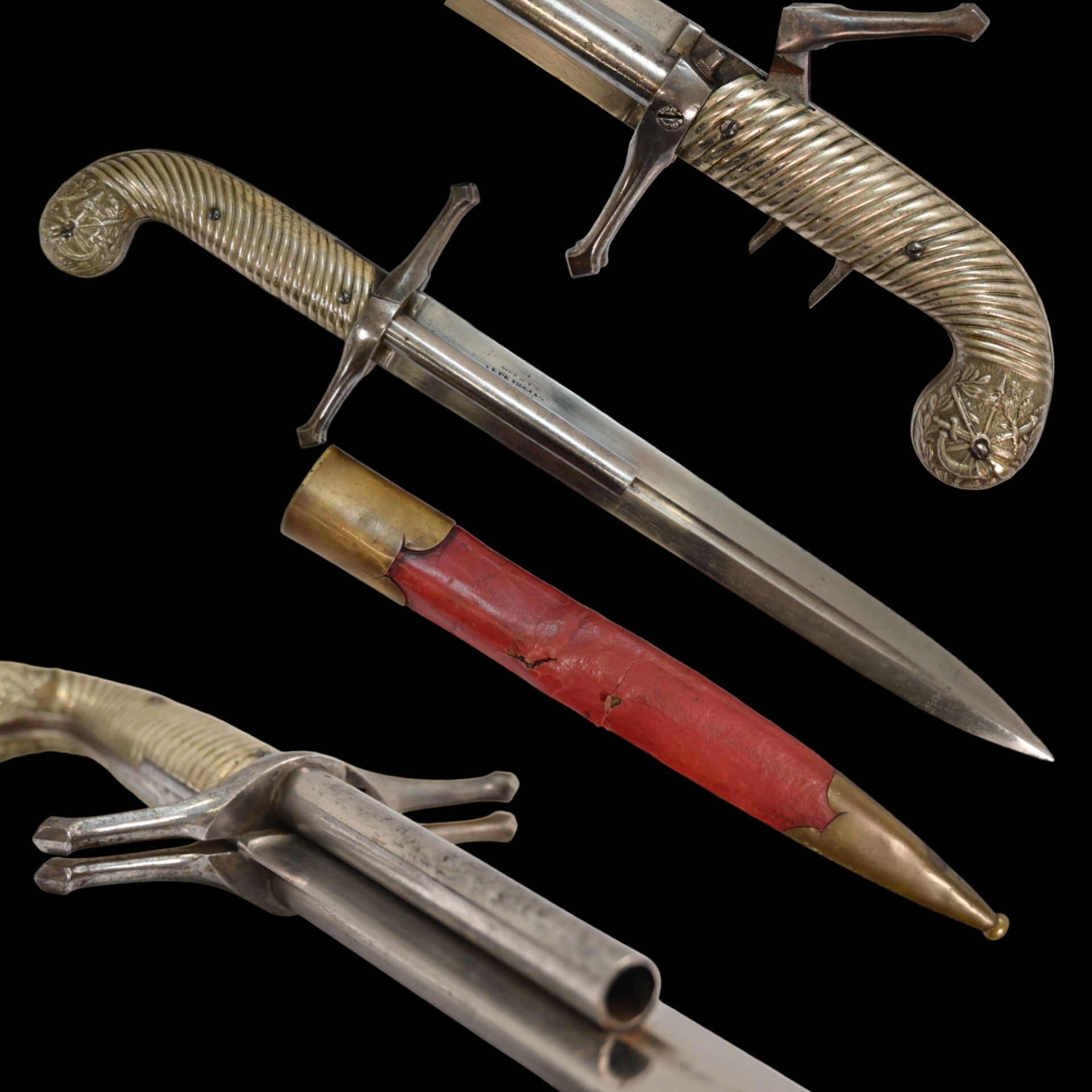 French D.B Dumonthier Dagger, Percussion Double Barrel Pistol, circa 1855-60.