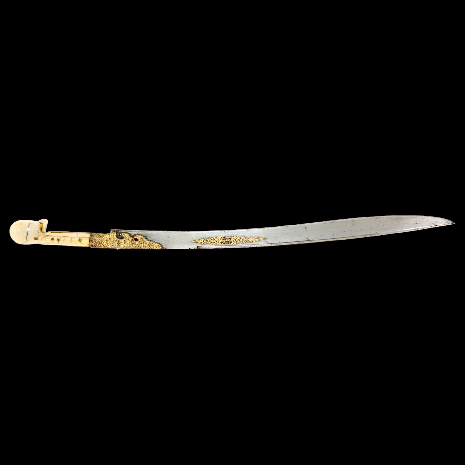 Magnificent Ottoman yatagan sword with bone hilt and gold kofgari on the blade, 1823. - Image 24 of 32