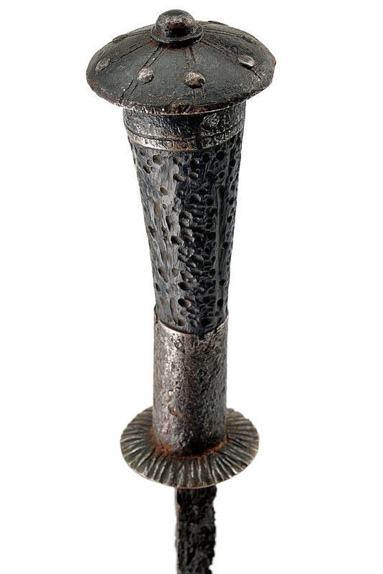 A very rare Medieval Western Europe rondel dagger with wooden grip and scabbard details 14th-15th C. - Image 7 of 7
