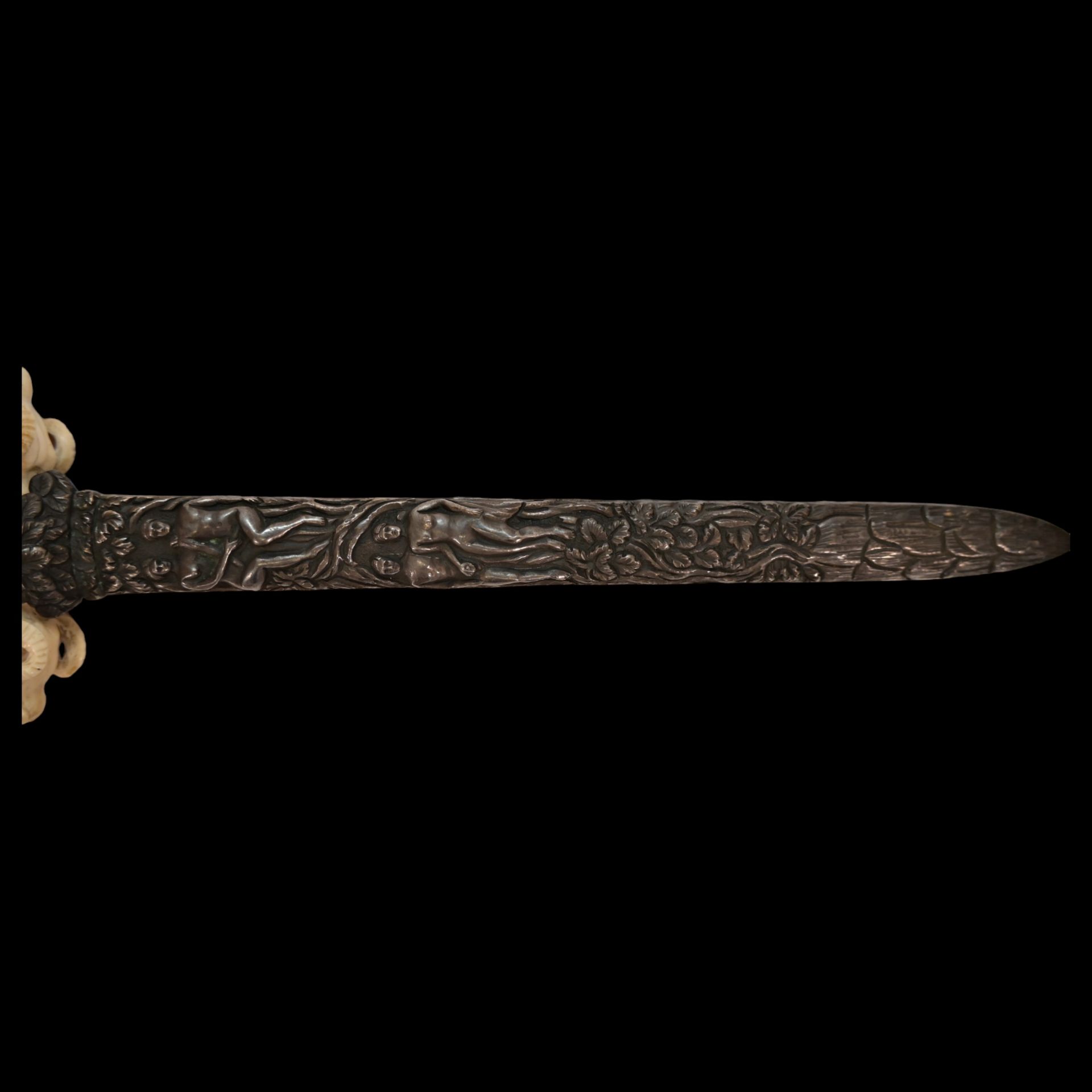 A fine French dagger with carved bone hilt and silver scabbard with erotic scenes, 19th century. - Image 6 of 14