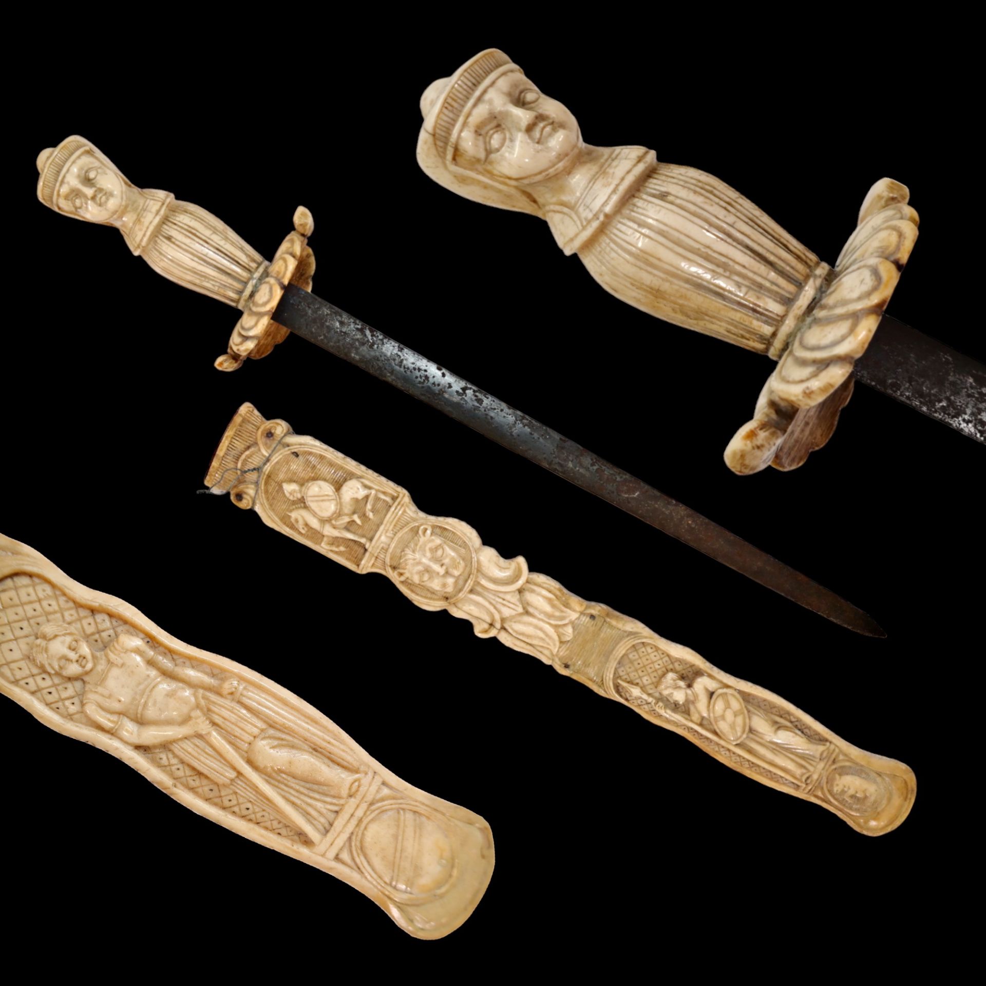 A Rare French nobleman's hunting dagger, hilt and scabbard carved from bone, 19th century.