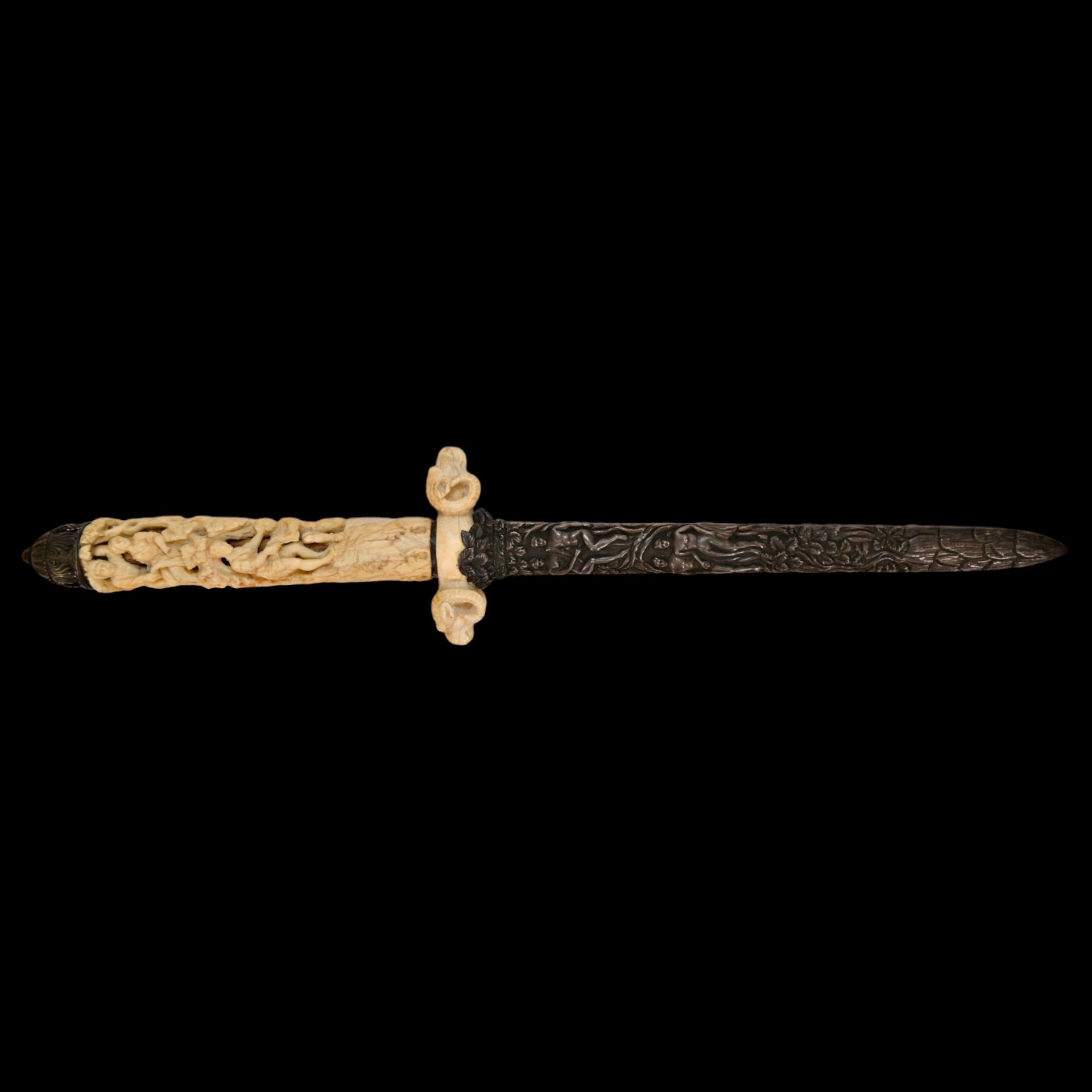 A fine French dagger with carved bone hilt and silver scabbard with erotic scenes, 19th century. - Image 2 of 14