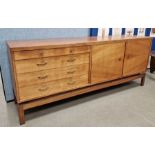Mid-century teak Morris of Glasgow sideboard comprising a two-door cupboard and four graduating