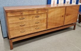Mid-century teak Morris of Glasgow sideboard comprising a two-door cupboard and four graduating