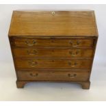 George III mahogany bureau, the fall front enclosing fitted interior with pigeonholes, drawers and