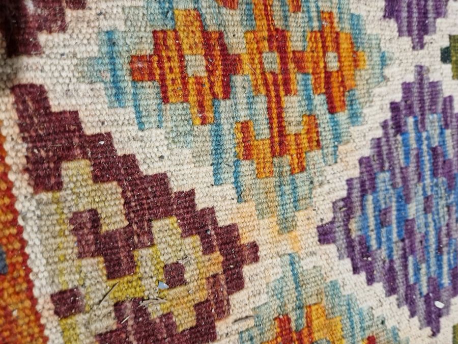 Chobi kilim cream ground wool rug with lozenge trelliswork pattern and geometric border , 130cm x - Image 9 of 26