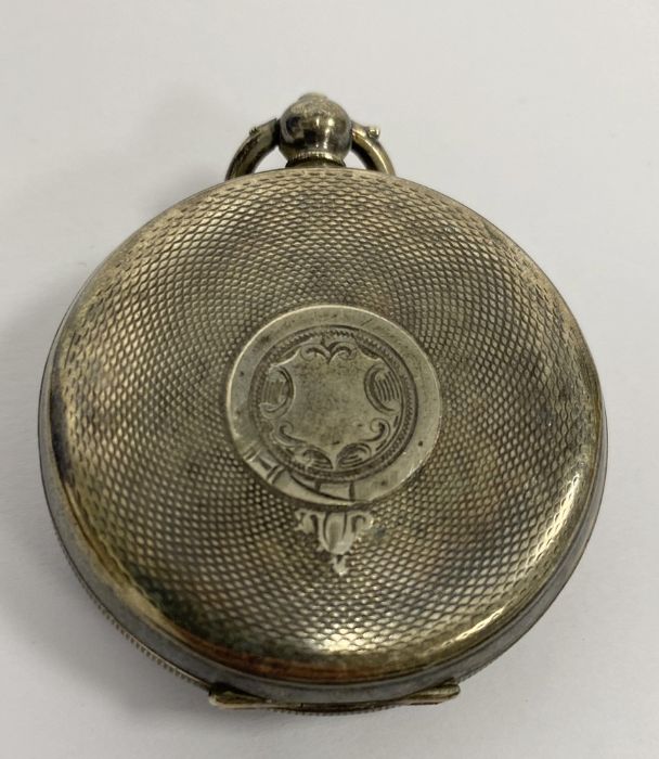 Silver open-faced pocket watch, white enamel dial inscribed 'H E Peck, London', engine-turned, cased - Image 6 of 6