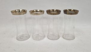 Set of four Victorian silver rimmed and glass cylindrical vases, Birmingham 1891 makers Hukin &