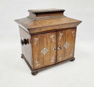 Victorian rosewood jewellery sewing box adorned with mother-of-pearled inlay, scrolling foliate