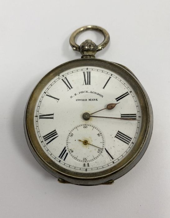 Silver open-faced pocket watch, white enamel dial inscribed 'H E Peck, London', engine-turned, cased - Image 5 of 6