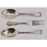 Two 19th century silver serving spoons, 6toz approx. and a George IV silver fork, London 1818,