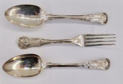 Two 19th century silver serving spoons, 6toz approx. and a George IV silver fork, London 1818,