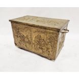 Brass-clad relief decorated pine trunk depicting various pub and street scenes, 44cm high x 69cm