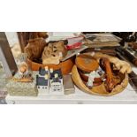 Quantity of wooden treen items, a shillelagh, a wooden cigar box, a small quantity of 45's, a