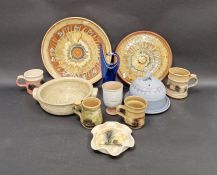 Boscastle pottery tankards and dish by Robert Irving Little, two large slip glazed platters and a