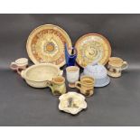 Boscastle pottery tankards and dish by Robert Irving Little, two large slip glazed platters and a