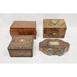 Collection of four wood and other boxes to include a burr maple veneered sewing box of square