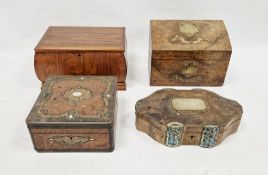 Collection of four wood and other boxes to include a burr maple veneered sewing box of square
