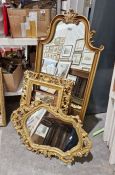 Three gilt framed wall mirrors, one having bevelled edge glass panel and ornately pierced and carved