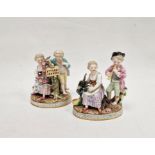 Pair of Meissen-style porcelain groups of children, one group with bird and cage, floral garland and