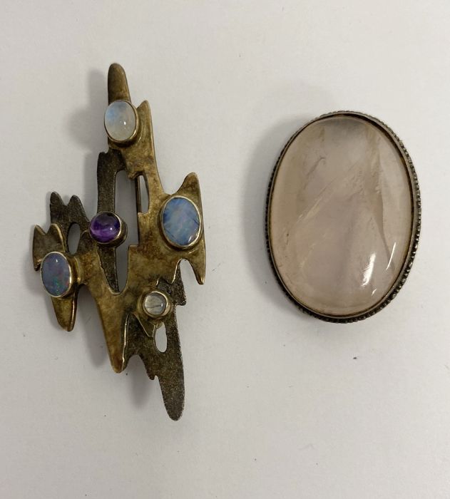 Modern silver brooch set with opals and other gemstones and an oval quartz set brooch (2) - Image 3 of 4