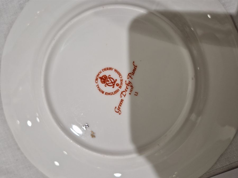 Royal Crown Derby 'Green Derby Panel' pattern part dinner service, printed iron red factory marks, - Image 7 of 24