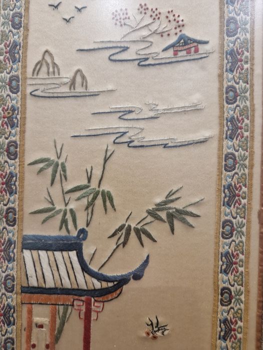 Chinese embroidered silk panel with female figure and lakeside pavilion, 59cm x 23cm, and a pair - Image 20 of 34