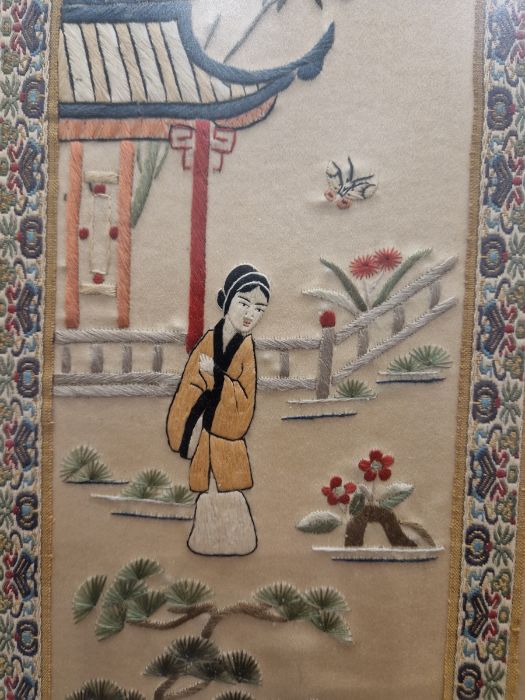 Chinese embroidered silk panel with female figure and lakeside pavilion, 59cm x 23cm, and a pair - Image 21 of 34