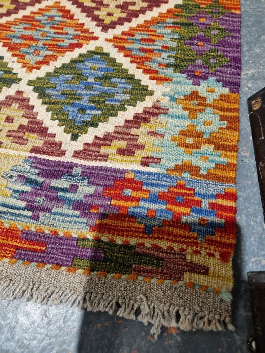 Chobi kilim cream ground wool rug with lozenge trelliswork pattern and geometric border , 130cm x - Image 17 of 26