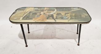 Mid to late 20th century rectangular coffee table with printed image of two flamenco dancers to top,