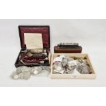 Quantity of world coins, a cased spirit level and a Downrose Ltd. cased ophthalmoscope