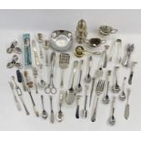 Assorted silver-plated items to include cruet set, sugar tongs, sugar shaker, jam spoons, dessert