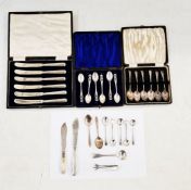 A set of six cased silver tea knives, two cased sets of silver tea spoons, various other silver