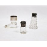 Two silver-mounted cut glass bottles and a novelty silver-mounted glass boot, largest 9cm high (3)