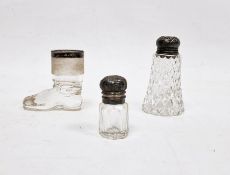 Two silver-mounted cut glass bottles and a novelty silver-mounted glass boot, largest 9cm high (3)