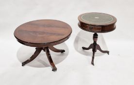 Reproduction mahogany drum table with green leather inset top, 50cm diameter and a reproduction