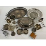 Quantity silver plated trays, entre dish, plated and glass preserve dish and other items