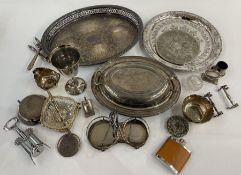 Quantity silver plated trays, entre dish, plated and glass preserve dish and other items