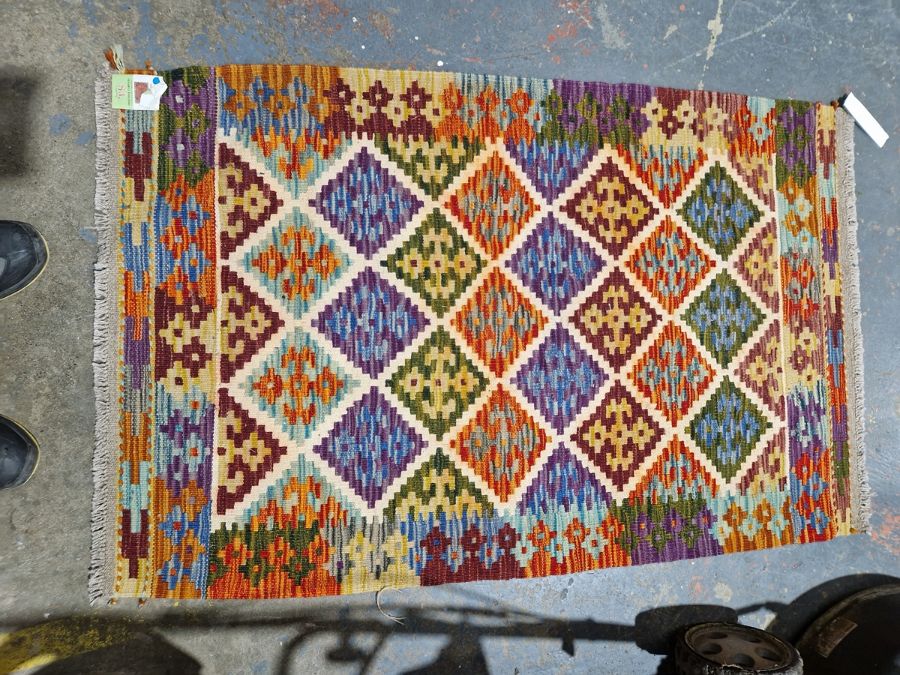 Chobi kilim cream ground wool rug with lozenge trelliswork pattern and geometric border , 130cm x - Image 26 of 26