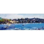 Robin Leonard (b.1960) Oil on board Untitled coastal landscape with sail boats and coastal town in