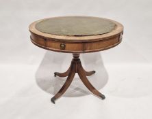 20th century circular drum table with green leather inset top, 79cm high x 91cm diameter