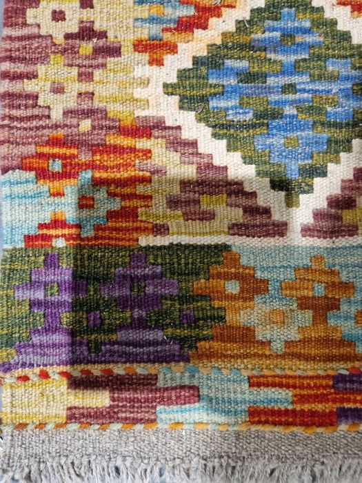 Chobi kilim cream ground wool rug with lozenge trelliswork pattern and geometric border , 130cm x - Image 2 of 26