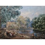 English School watercolour drawing Highland cattle being driven over a bridge by a boy, a young
