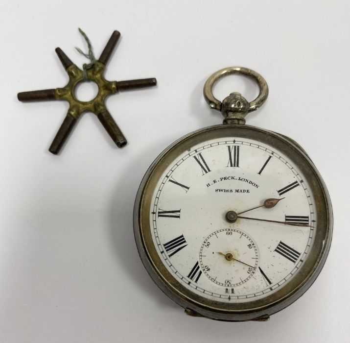 Silver open-faced pocket watch, white enamel dial inscribed 'H E Peck, London', engine-turned, cased