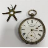 Silver open-faced pocket watch, white enamel dial inscribed 'H E Peck, London', engine-turned, cased