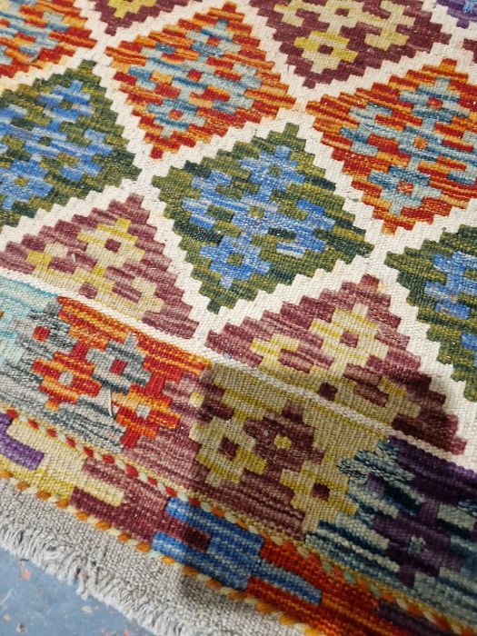 Chobi kilim cream ground wool rug with lozenge trelliswork pattern and geometric border , 130cm x - Image 16 of 26