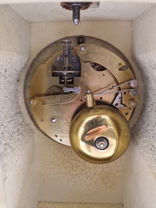 Mid-century mahogany-cased mantel clock by Elliot Clock Company, the circular dial with Roman - Image 40 of 42