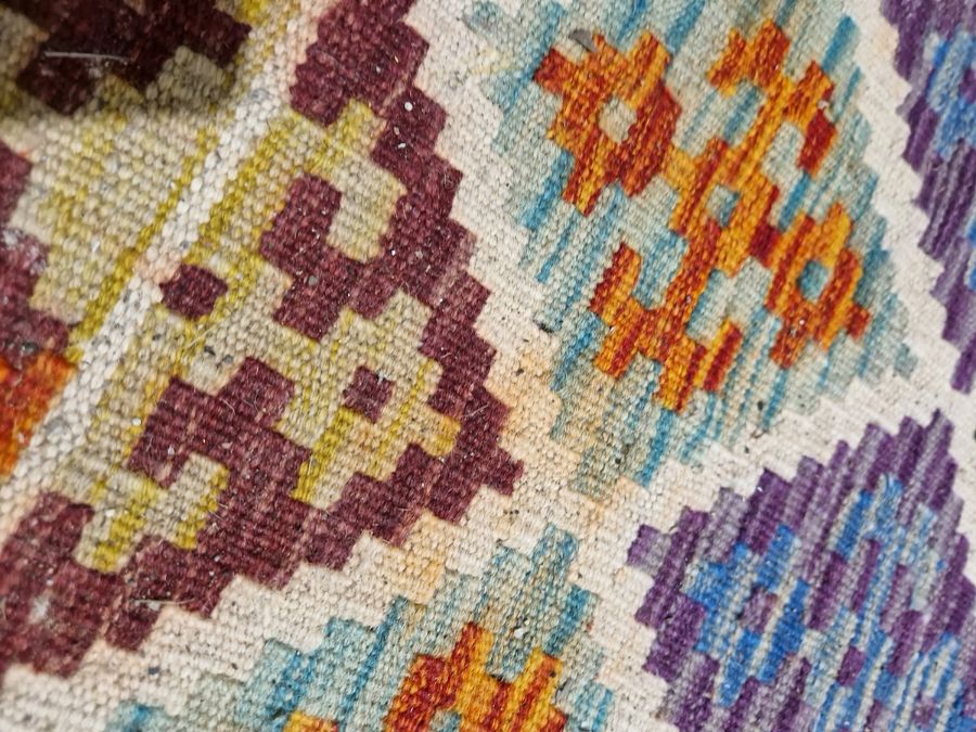Chobi kilim cream ground wool rug with lozenge trelliswork pattern and geometric border , 130cm x - Image 10 of 26