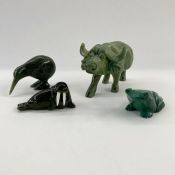 Green hardstone model ox, 11cm long x 6cm high, malachite frog, green hardstone walrus, and green